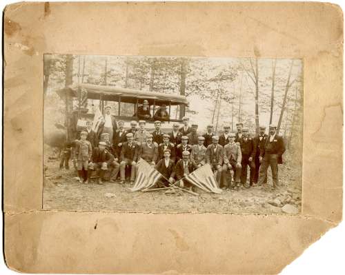 Early Base Ball Team With Horse Drawn Carriage and Two Crossed American Flags